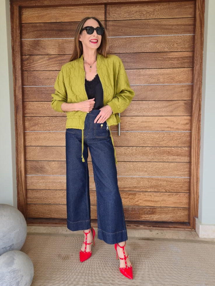 Chartreuse bomber jacket with side pockets, zip, drawstring and elasticated cuff.