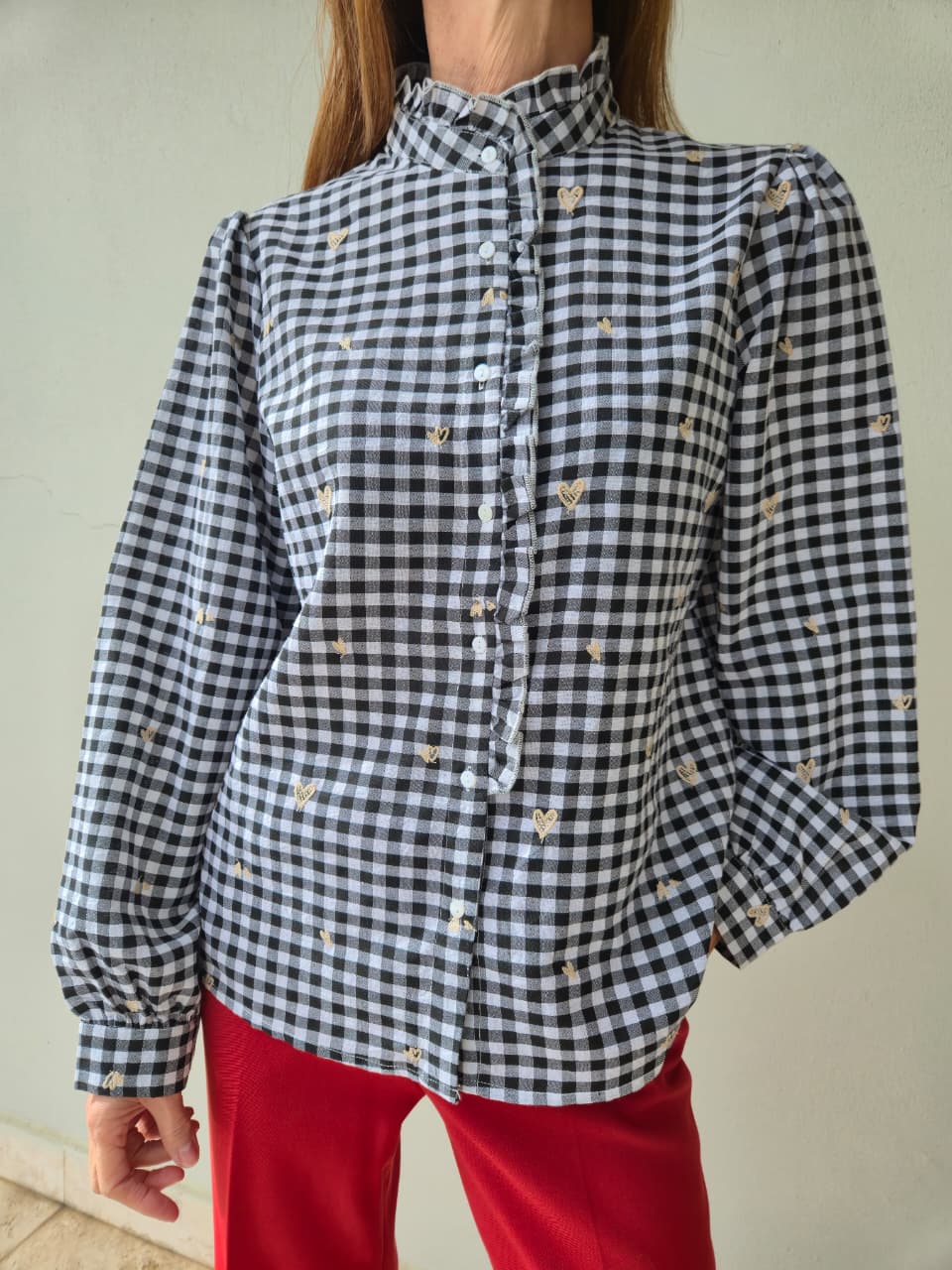 Black/white gingham frill shirt with embroidered stone heart detail and cuffs.