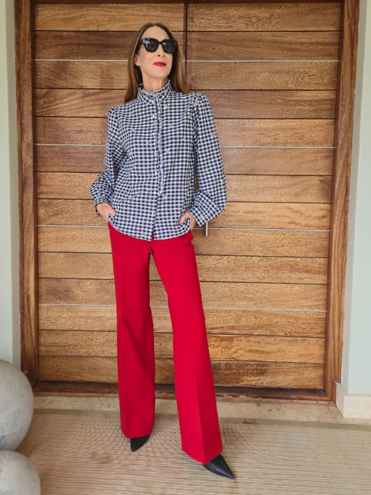 Black/white gingham frill shirt with embroidered stone heart detail and cuffs.