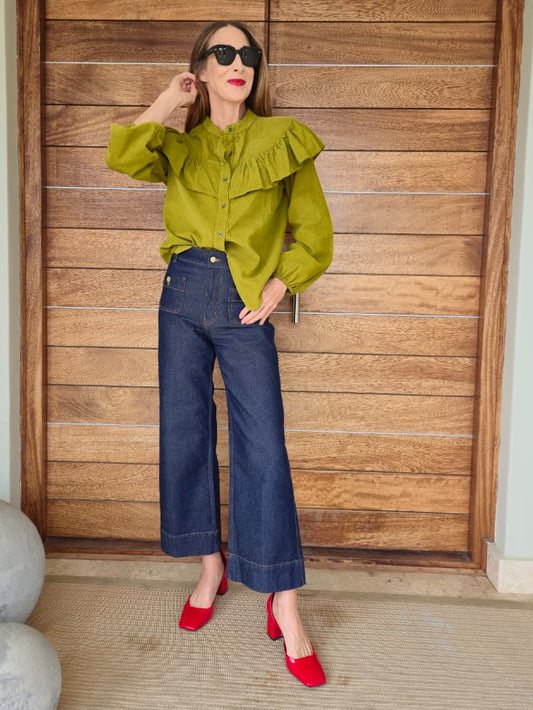 Fine corduroy chartreuse shirt with frill detail (front and back) and elasticated cuff.