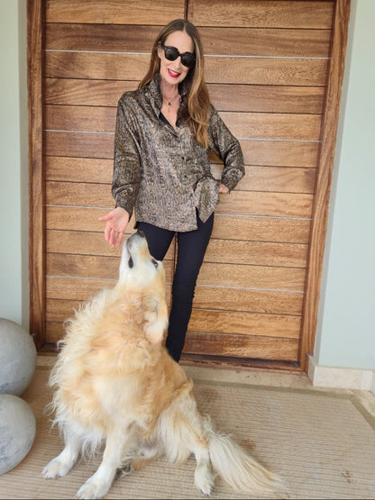 Snakeprint loose fit shirt with bling stone detail and cuffs.