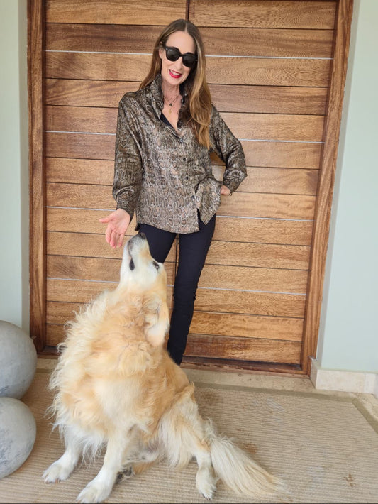 Snakeprint loose fit shirt with bling stone detail and cuffs.