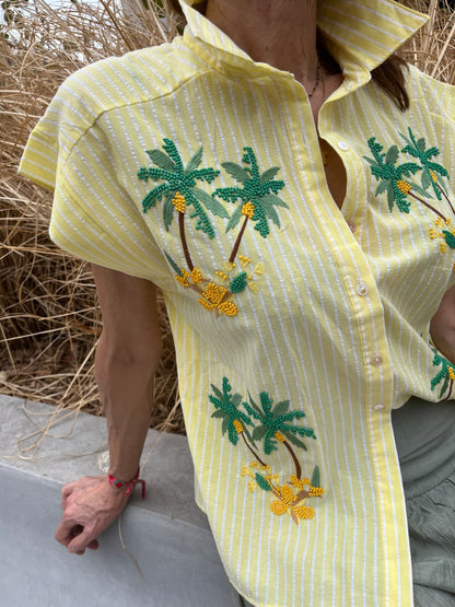 Yellow & White Pinstripe Blouse with Beading & Embroidery