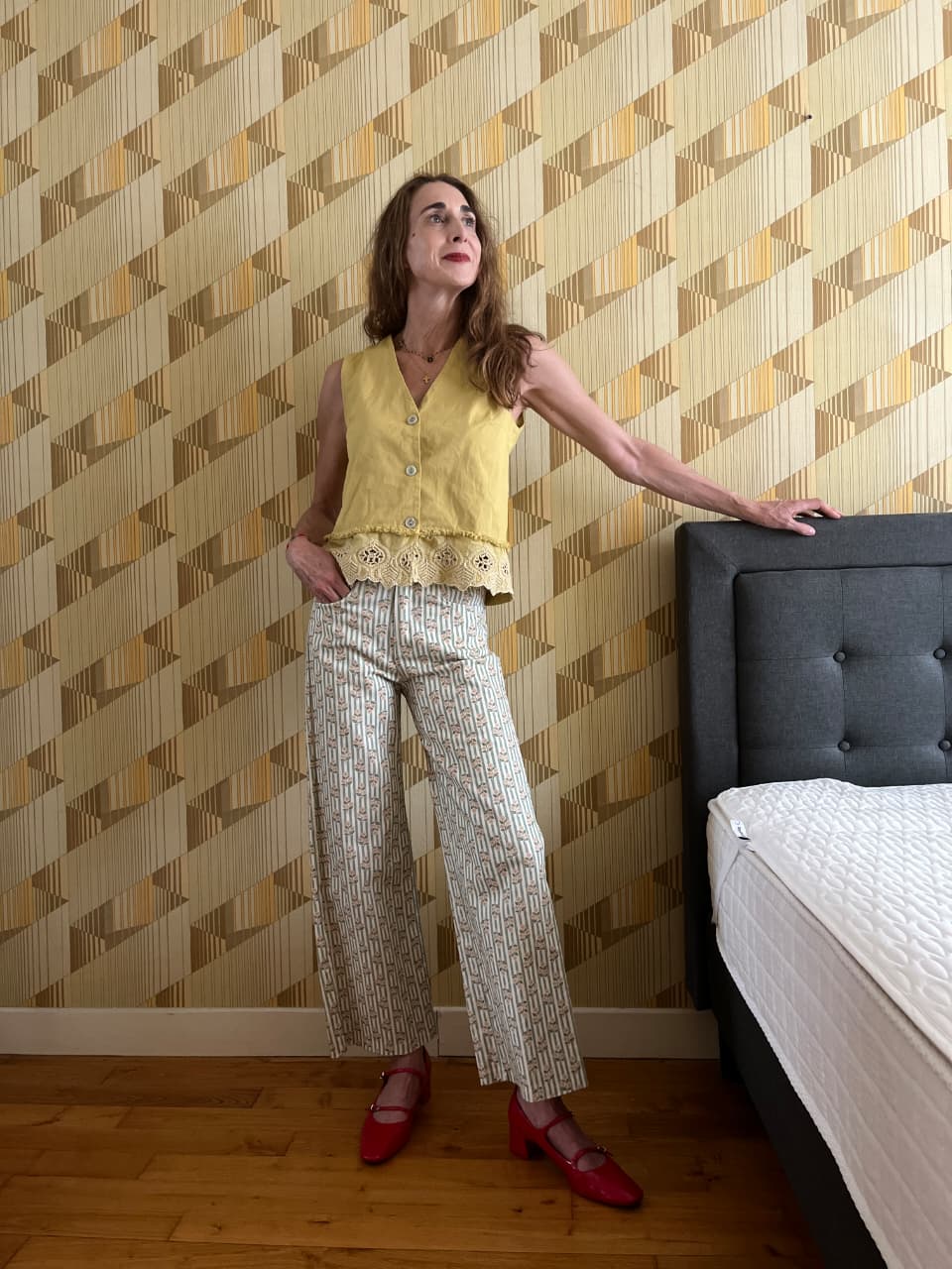 Ochre Yellow Waistcoat with Embroidered detail at bottom
