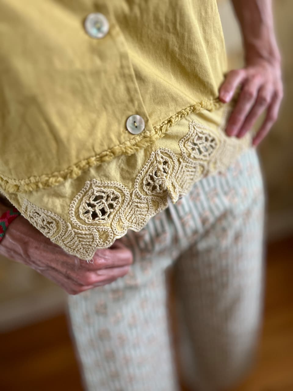 Ochre Yellow Waistcoat with Embroidered detail at bottom
