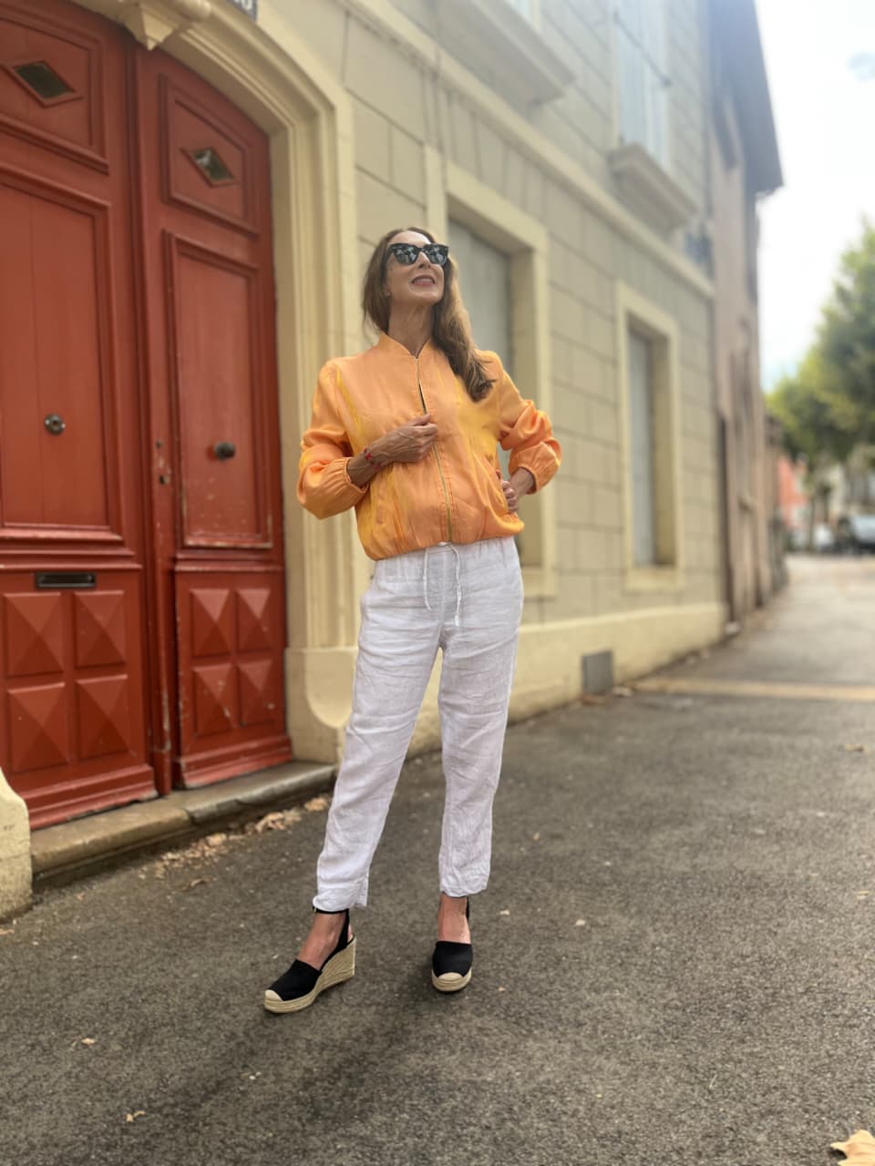 Pale Apricot Bomber Jacket with Gold Brush Strokes
