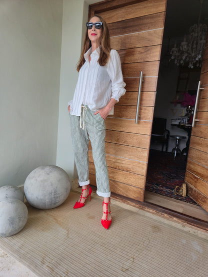 Green & Cream Striped 3/4 Pant with Anglaise detail on cuff.