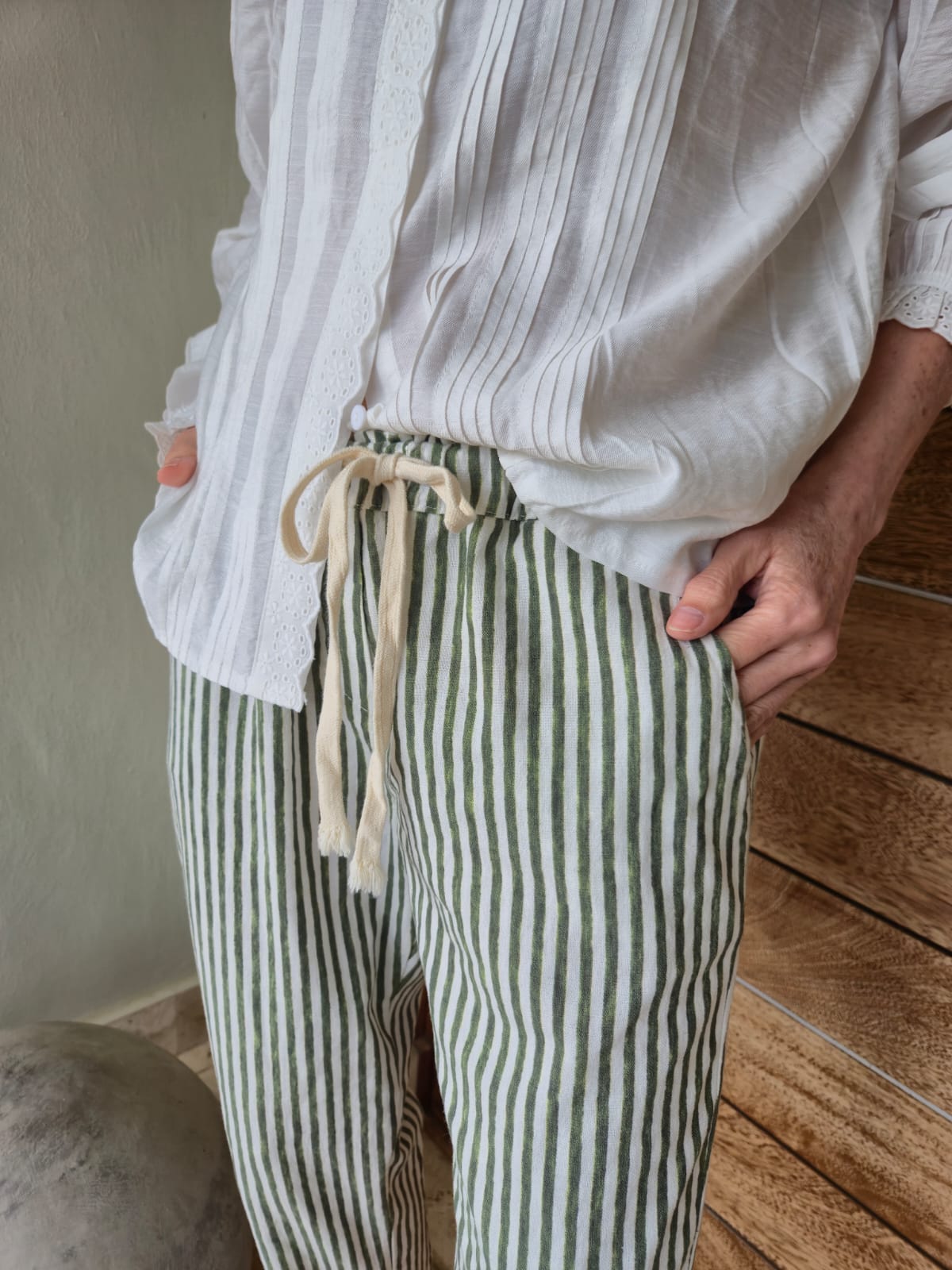 Green & Cream Striped 3/4 Pant with Anglaise detail on cuff.