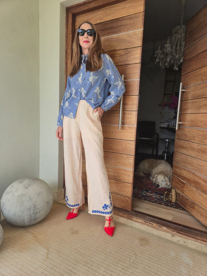 Cream wide leg pant with blue embroidery