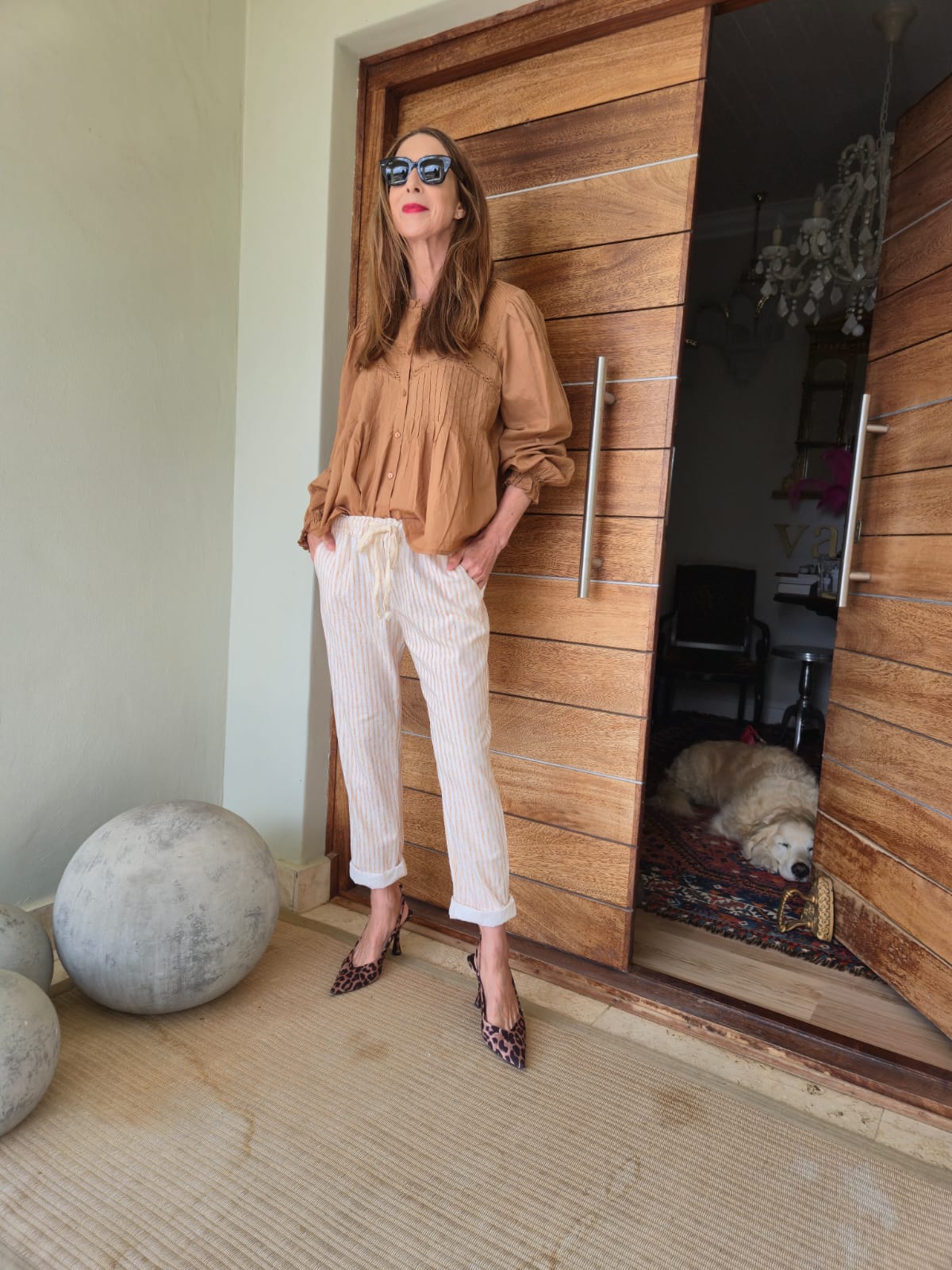 Stone on Cream Striped 3/4 Pant with Anglaise detail on cuff.