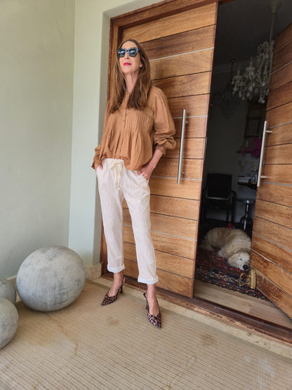 Stone on Cream Striped 3/4 Pant with Anglaise detail on cuff.