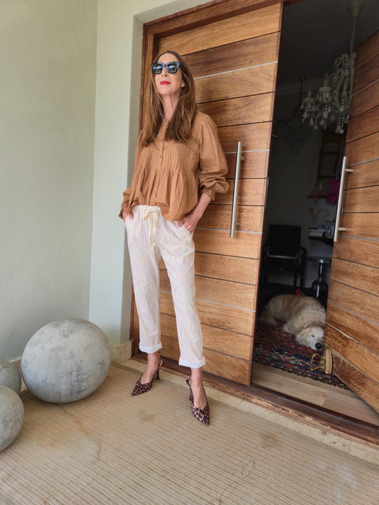 Stone on Cream Striped 3/4 Pant with Anglaise detail on cuff.