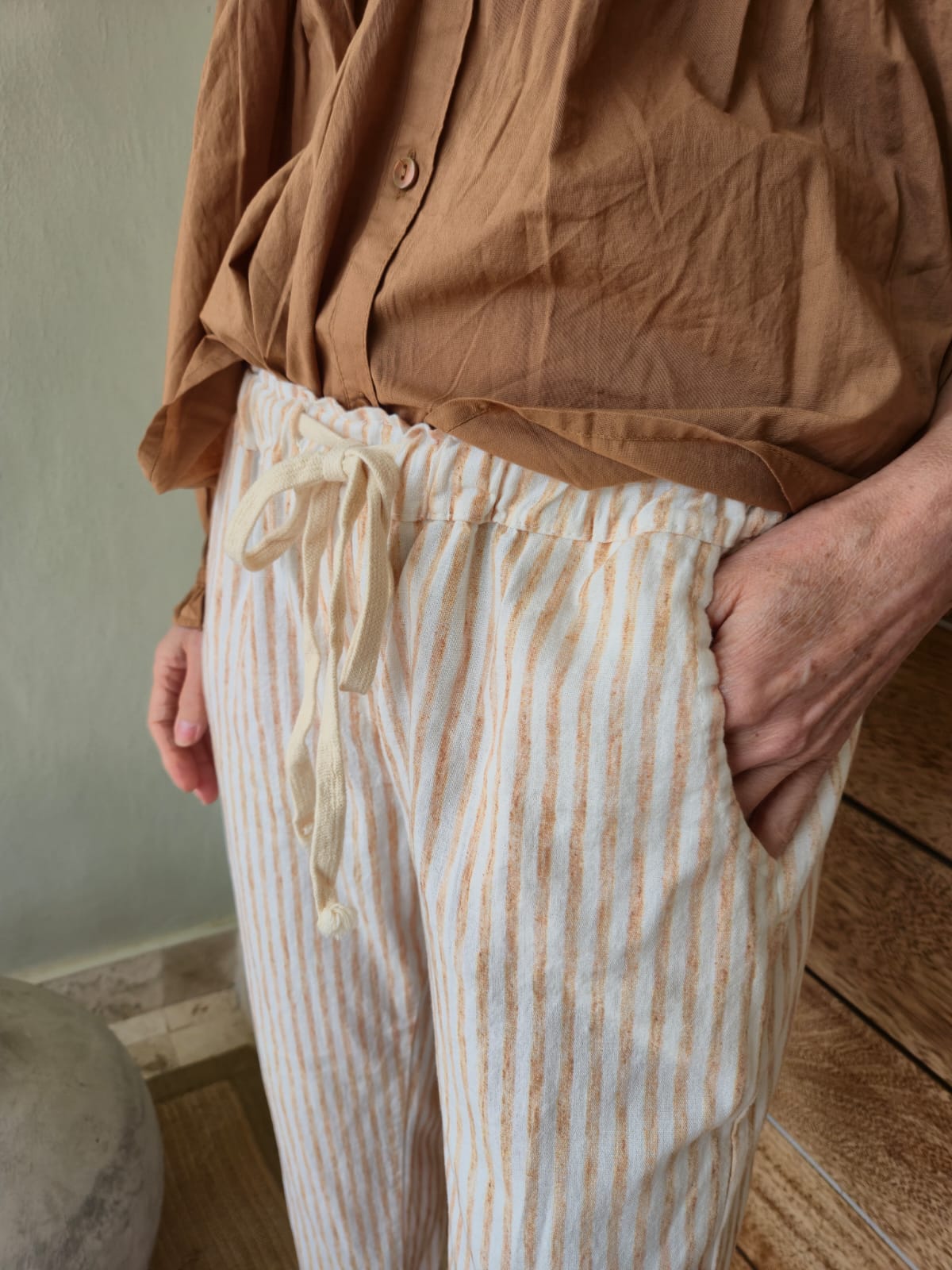Stone on Cream Striped 3/4 Pant with Anglaise detail on cuff.