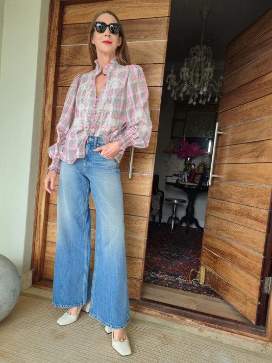 Pink, Cream and Charcoal Check Shirt with Embroidery