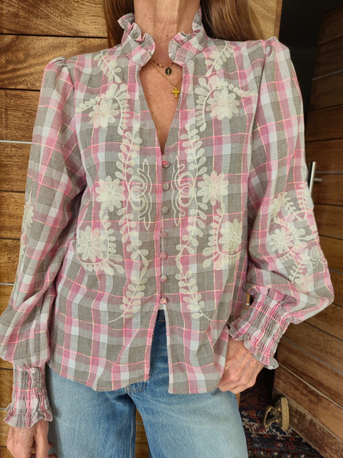 Pink, Cream and Charcoal Check Shirt with Embroidery