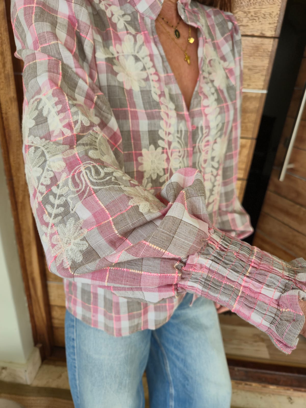 Pink, Cream and Charcoal Check Shirt with Embroidery