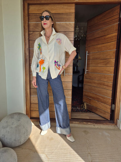 Yellow Pinstripe Shirt with Embroidered detail