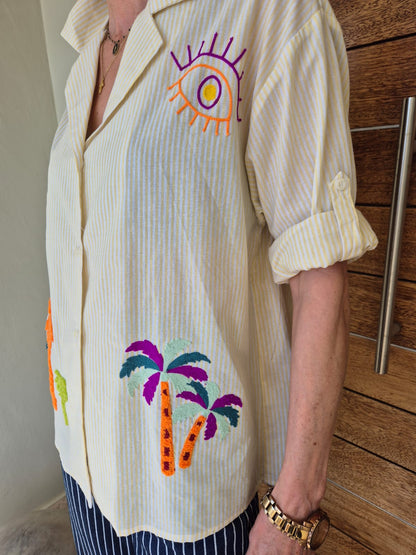 Yellow Pinstripe Shirt with Embroidered detail