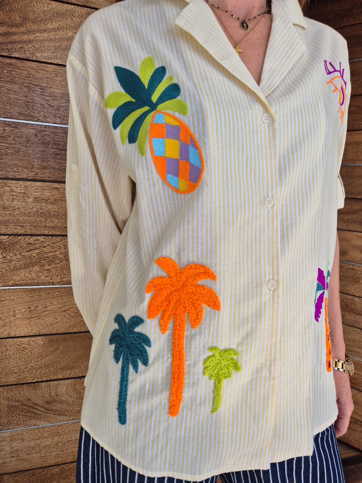 Yellow Pinstripe Shirt with Embroidered detail