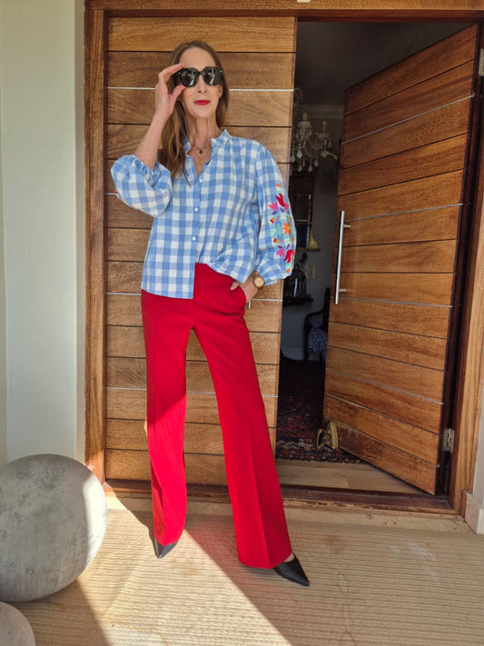 Blue & White Check with Embroidered Sleeve