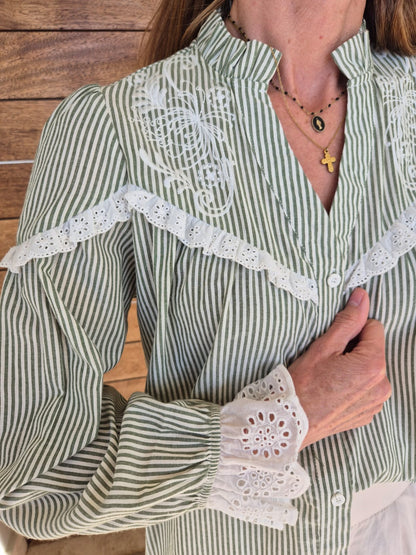 Green & Cream Striped Shirt with Embroidery detail