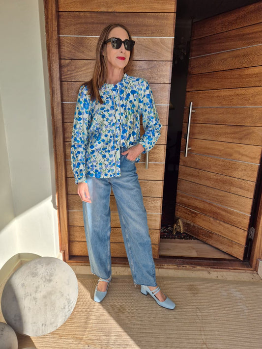 Blue Floral Blouse with Gold Tread & Intricate detail