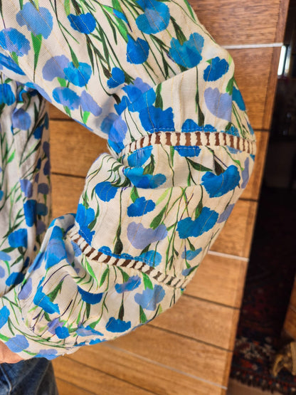 Blue Floral Blouse with Gold Tread & Intricate detail