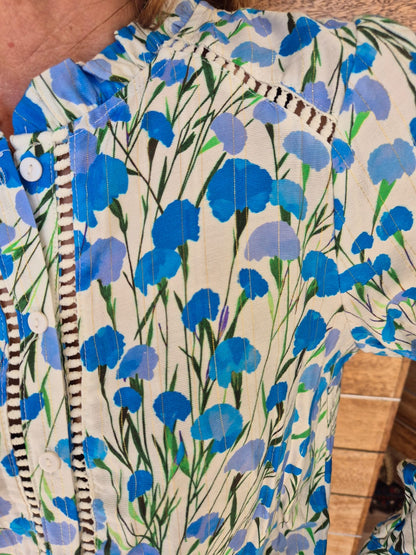 Blue Floral Blouse with Gold Tread & Intricate detail
