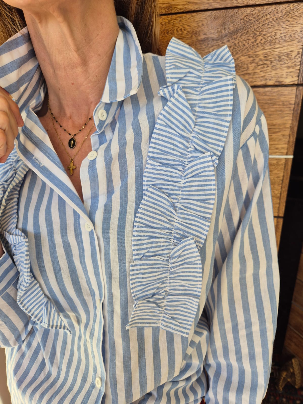 Blue & Cream Striped Shirt with Frill detail