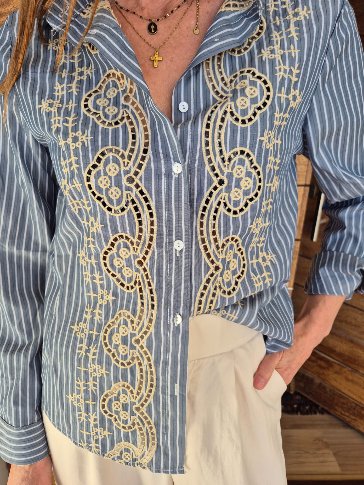 Grey & Blue Striped Blouse with Cut out detail.