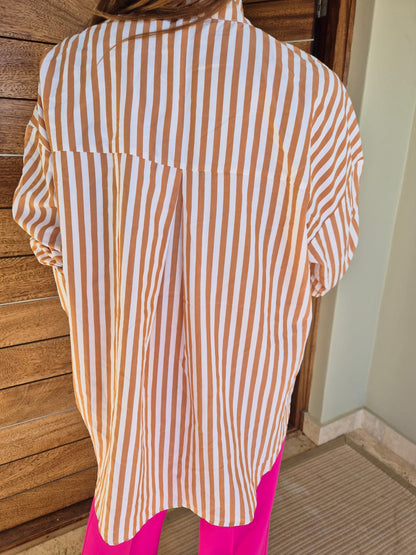 Oversized Tan & White Striped Shirt