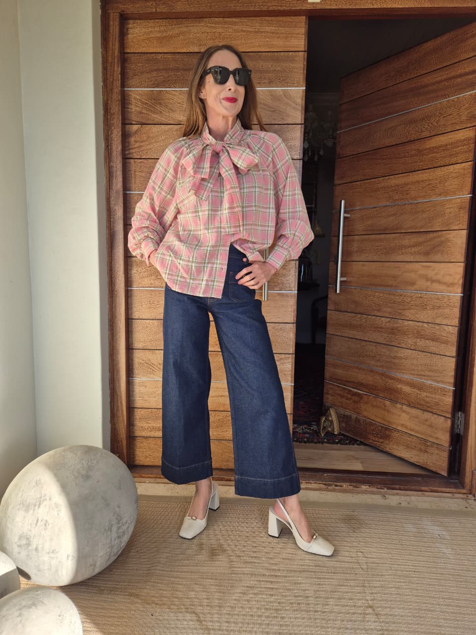 Pink & Green Check Shirt with Pussybow detail