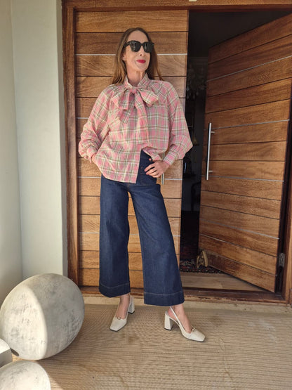 Pink & Green Check Shirt with Pussybow detail