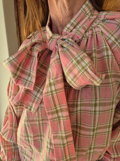 Pink & Green Check Shirt with Pussybow detail