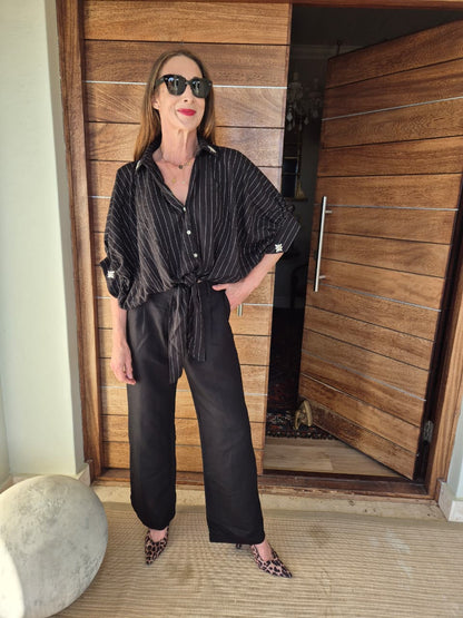 Black with White Pinstripe Oversized Blouse with Stone Embellishment