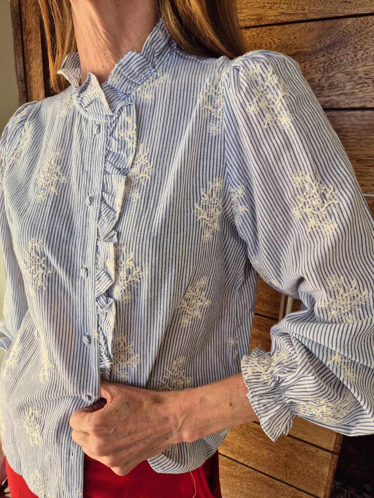 Blue & White Pinstripe Blouse with Delicate Embroidery and Frill detail