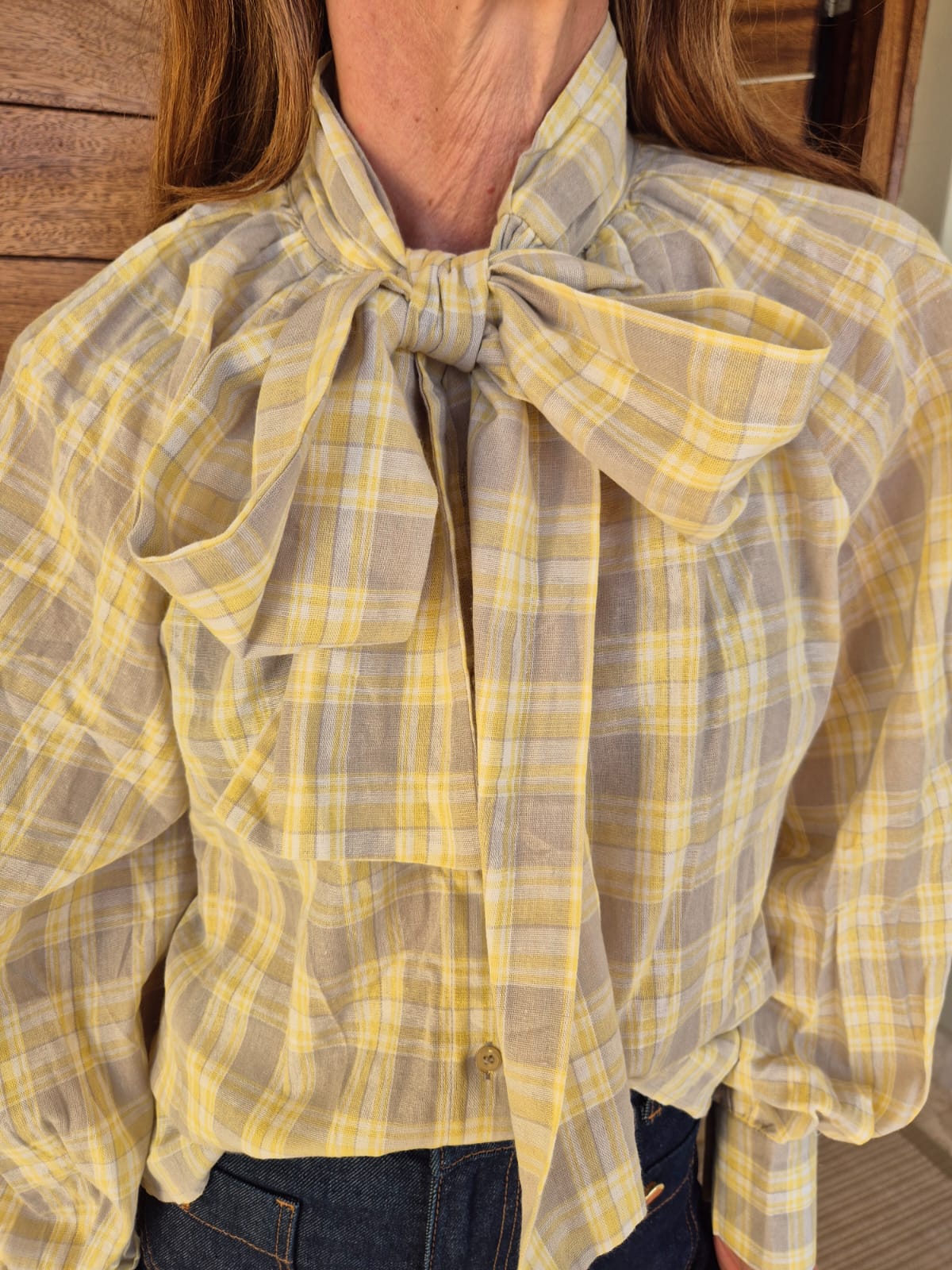 Yellow & Grey Check Shirt with Frill detail.