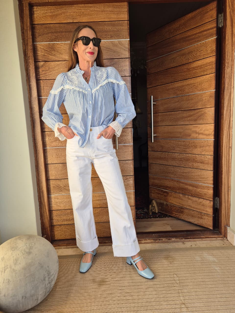 Blue & White Pinstripe Blouse with Embroidery