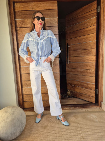 Blue & White Pinstripe Blouse with Embroidery