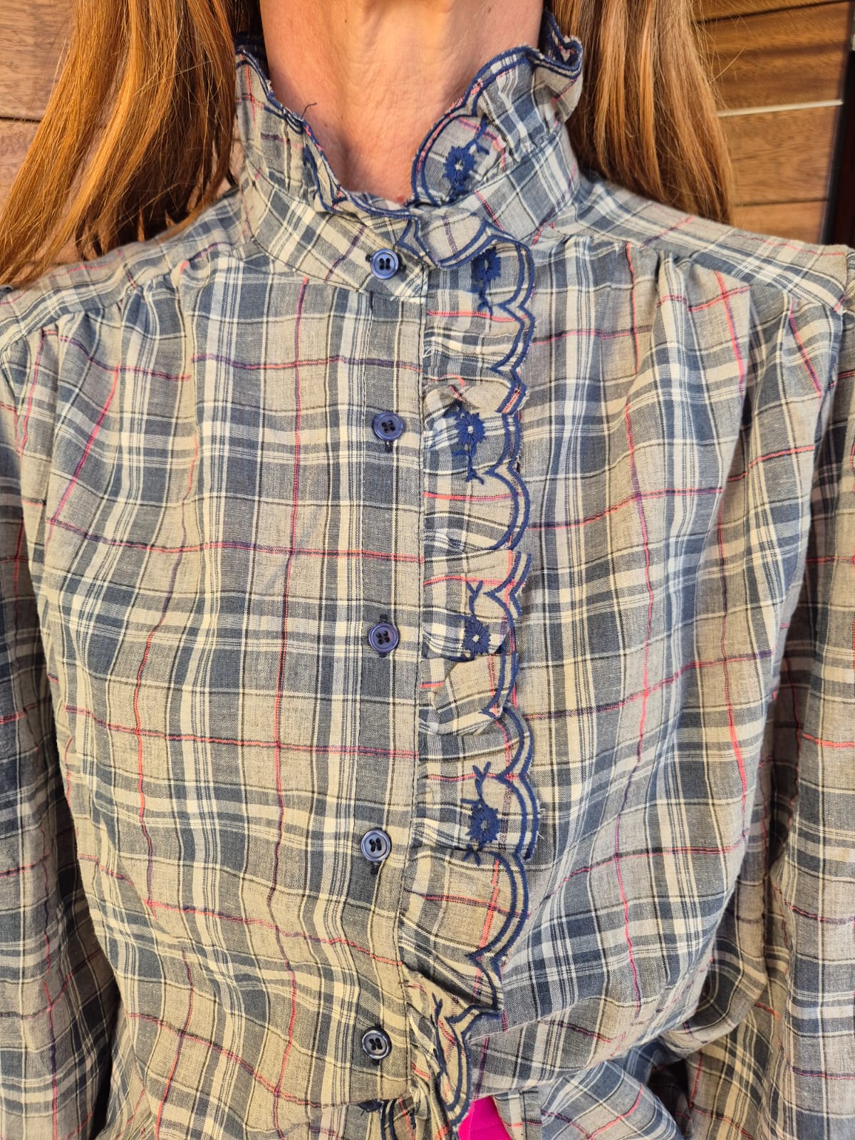 Check Blouse with Frill & Embroidery