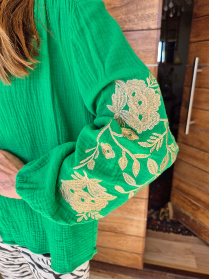 Double Muslin Blouse with Gold Embroidery on Sleeves