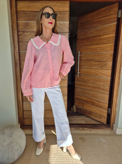 Blush Pink Blouse with White Pinstripe Madeleine Collar