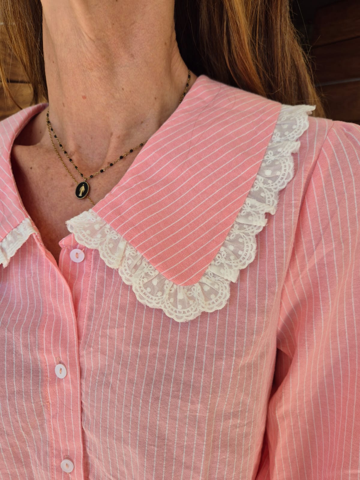 Blush Pink Blouse with White Pinstripe Madeleine Collar