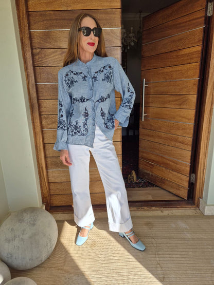 Blouse with Cut-out, Embroidery & Frill detail