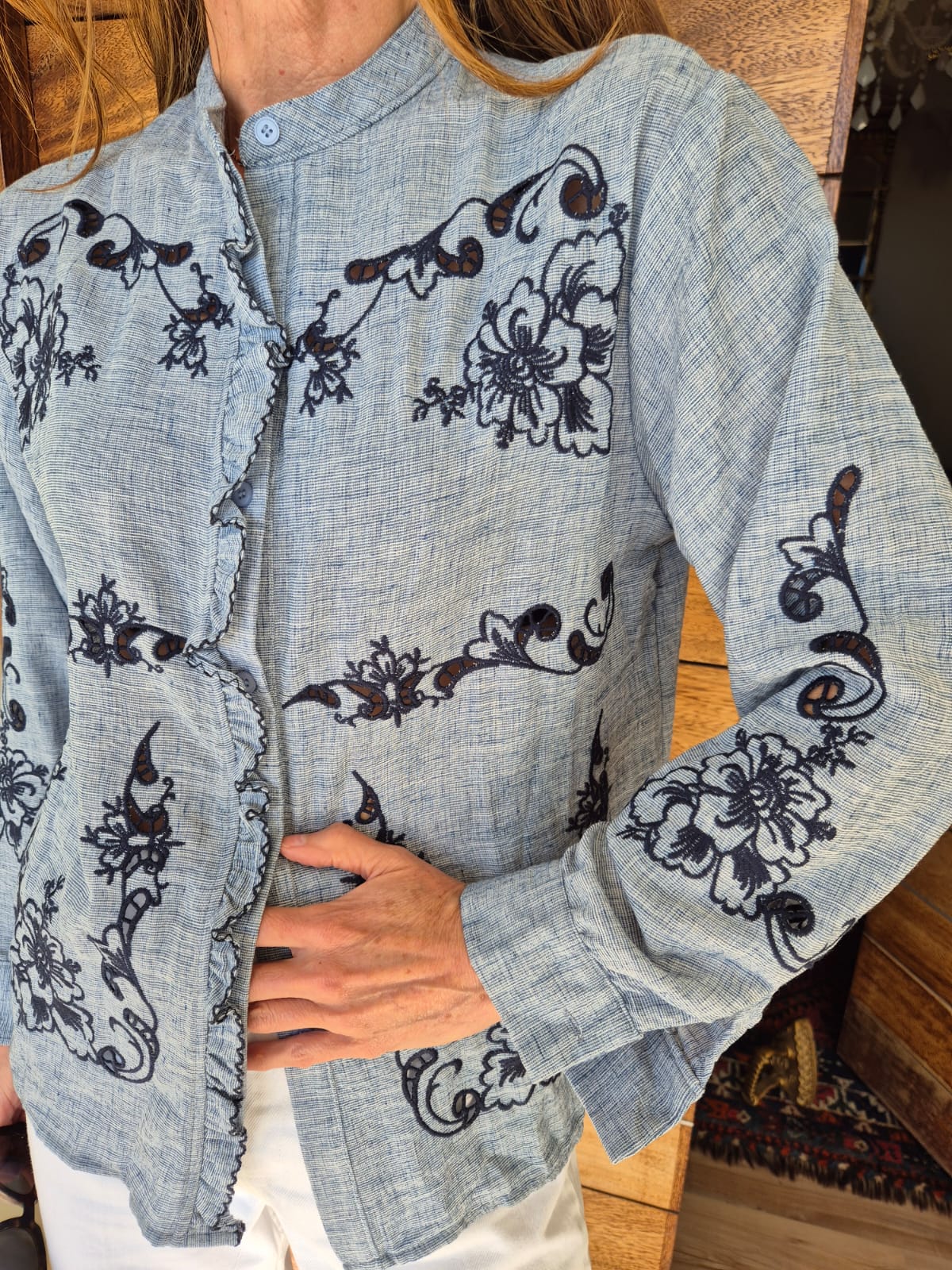 Blouse with Cut-out, Embroidery & Frill detail