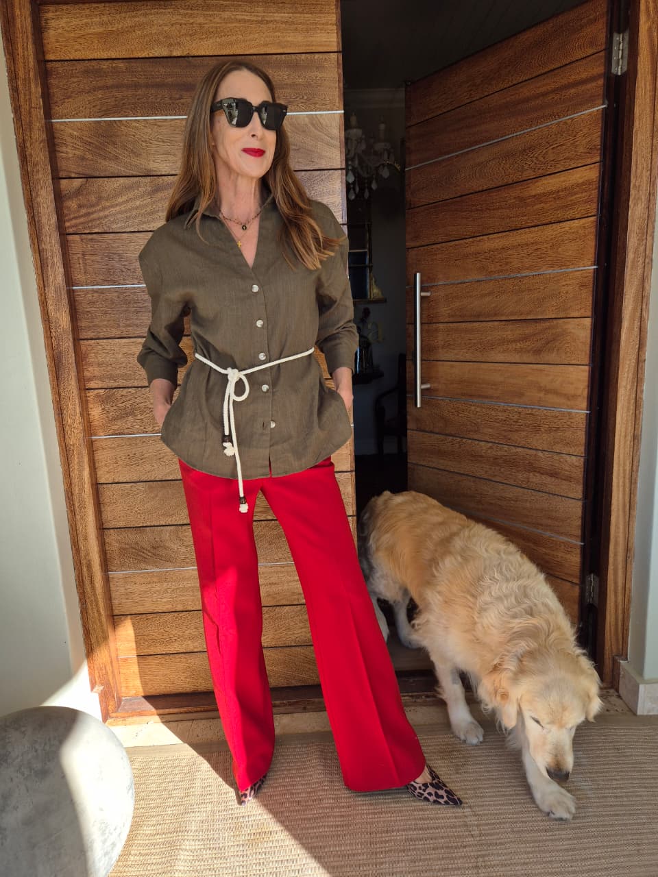 Olive Green Blouse with 3/4 Sleeve and rope tie detail