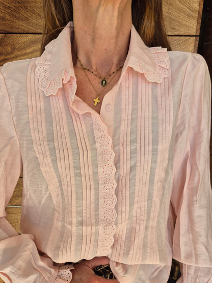 Blush Pink Blouse with Anglaise trim.