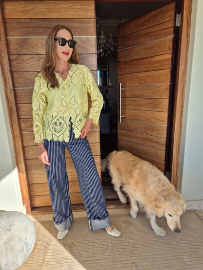 Citron Yellow Lace Cut-out Blouse with Sequins detail
