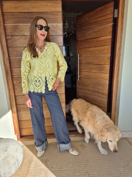 Citron Yellow Lace Cut-out Blouse with Sequins detail