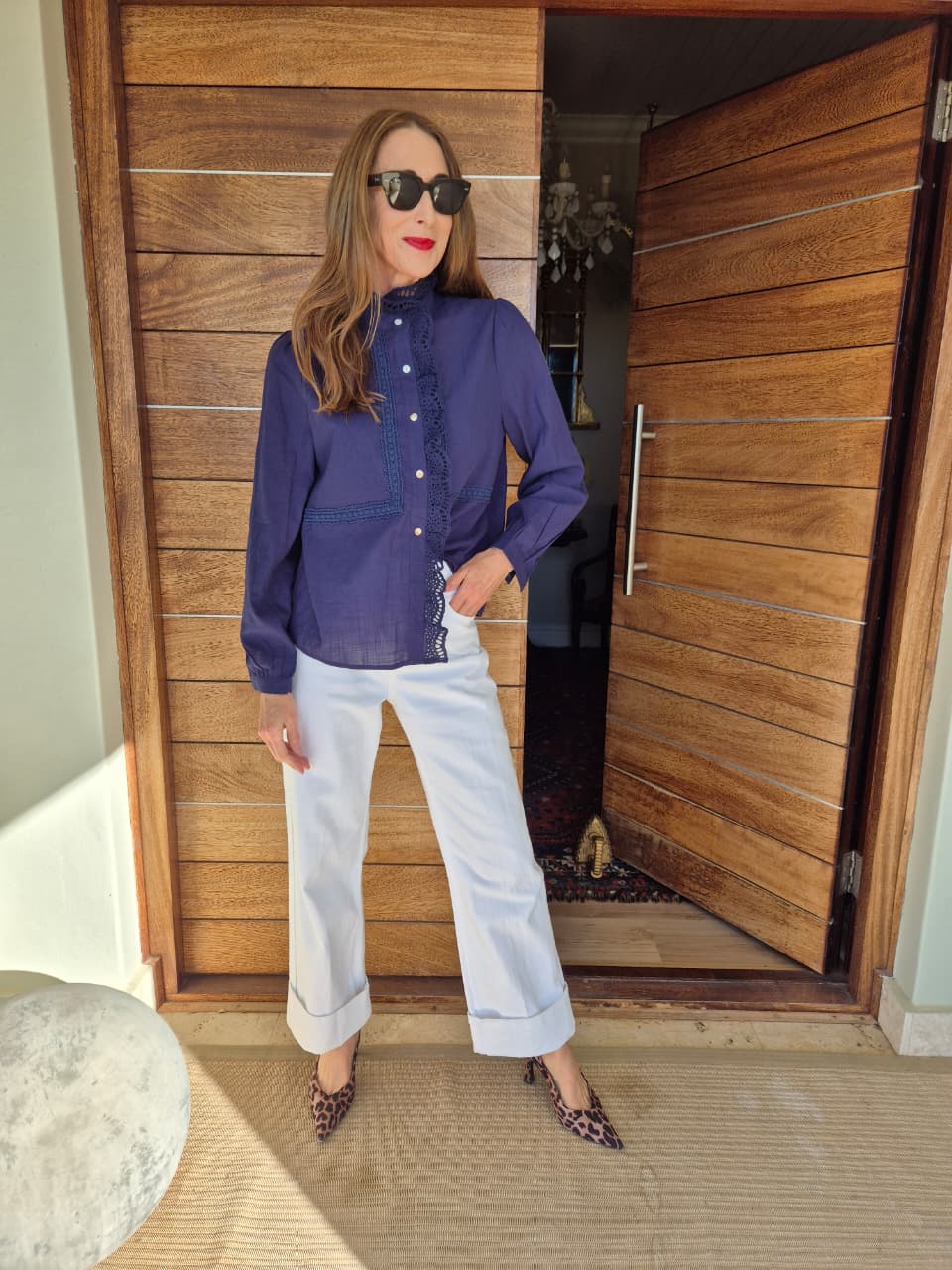 Navy Blouse with Anglaise & Lace detail on neck & front